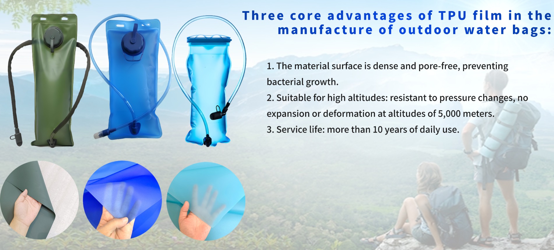 Outdoor water bladder made from durable, hydrolysis-resistant TPU film for safe drinking water storage
