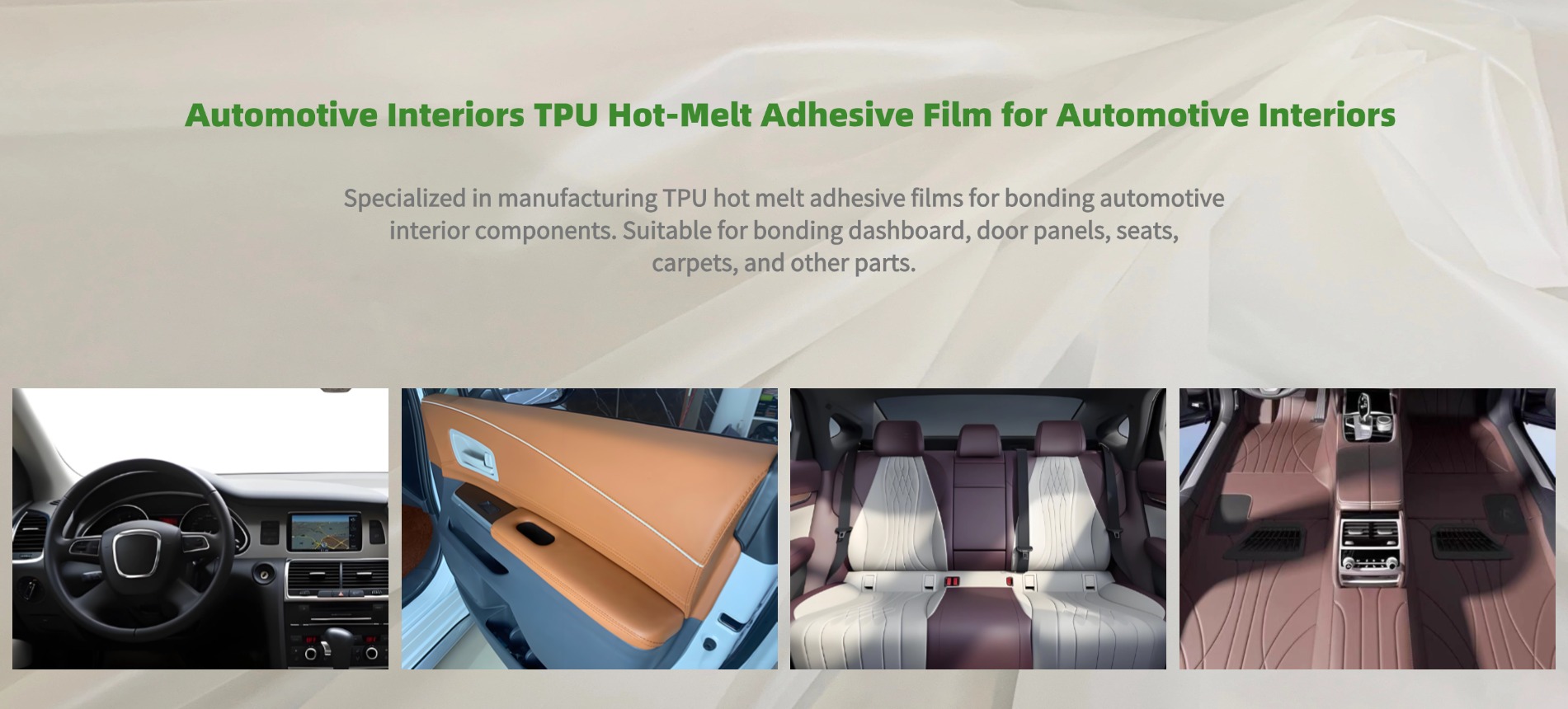 GREEN TPU hot melt adhesive film for automotive interiors: dashboard, door panels, seats, and carpets