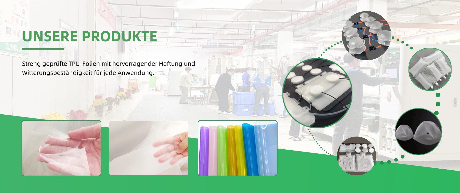 Streng geprüfte TPU-Folie vom GREEN TPU Werk, bekannt für hervorragende Haftung und Witterungsbeständigkeit in vielfältigen Anwendungen