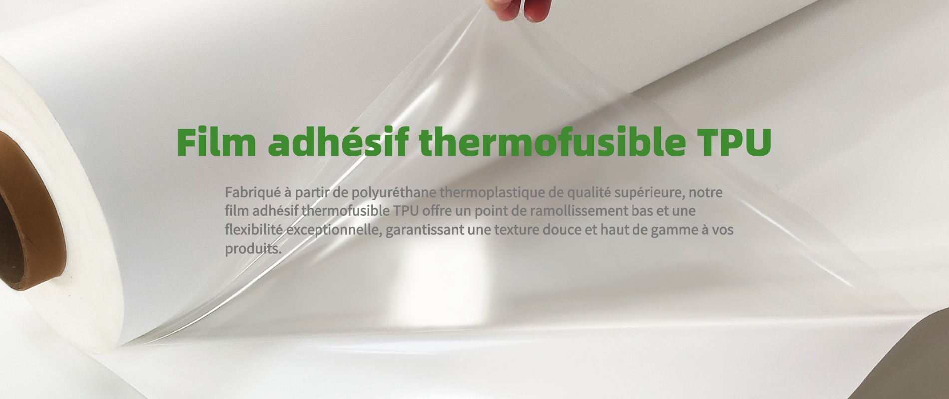 Film adhésif thermofusible TPU de l'usine GREEN TPU, doté d'un revêtement élastomère de polyuréthane thermoplastique avec un point de ramollissement bas et une excellente flexibilité
